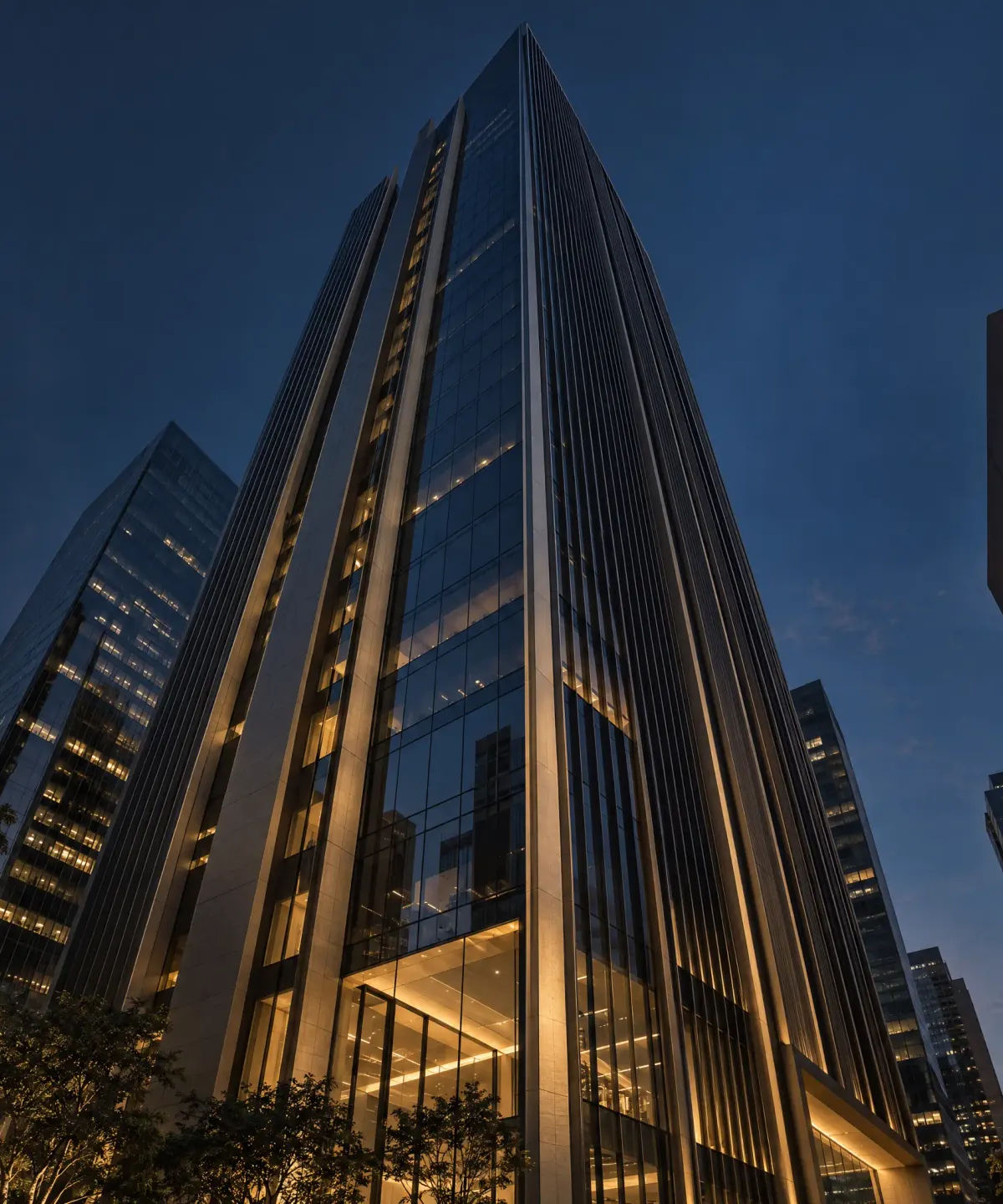Fachada de edifício corporativo em São Paulo ao anoitecer, vista de baixo para cima